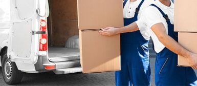 Deux déménageurs en chemise blanche et salopette bleue, qui portent chacun deux cartons, dans un camion blanc.