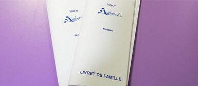 Deux livrets de famille, blancs avec le logo de la ville d'Audierne, et la mention Finistère. Les deux livrets sont superposés sur fond violet.