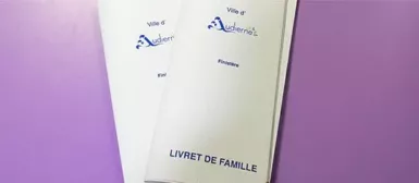 Deux livrets de famille, blancs avec le logo de la ville d'Audierne, et la mention Finistère. Les deux livrets sont superposés sur fond violet.