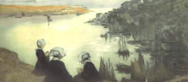 Vue du port d'Audierne depuis les hauteurs, avec 3 femmes en tenues traditionnelles qui observent la mer